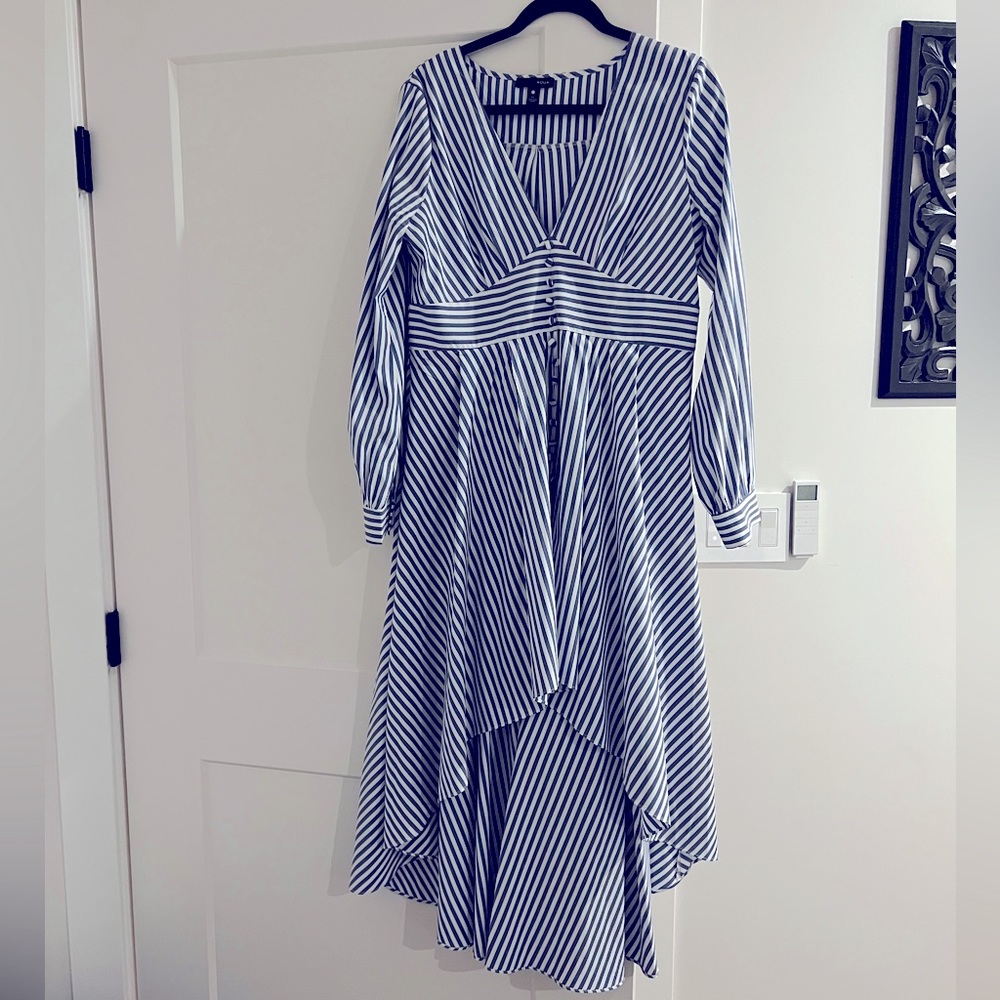 Aqua blue and white striped hi-lo dress